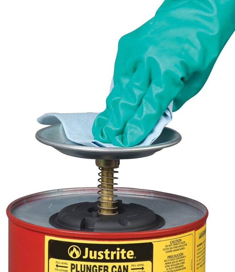 Justrite 10108 1 Quart Red Galvanized Steel Safety Plunger Can with 5" Dasher Plate and BrassRyton Plunger Assembly for Flammables - Image 2